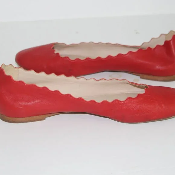 Chloe Lauren Scalloped Leather Ballet Flats, Red Leather Shoes sz 37 7 - Picture 7 of 7